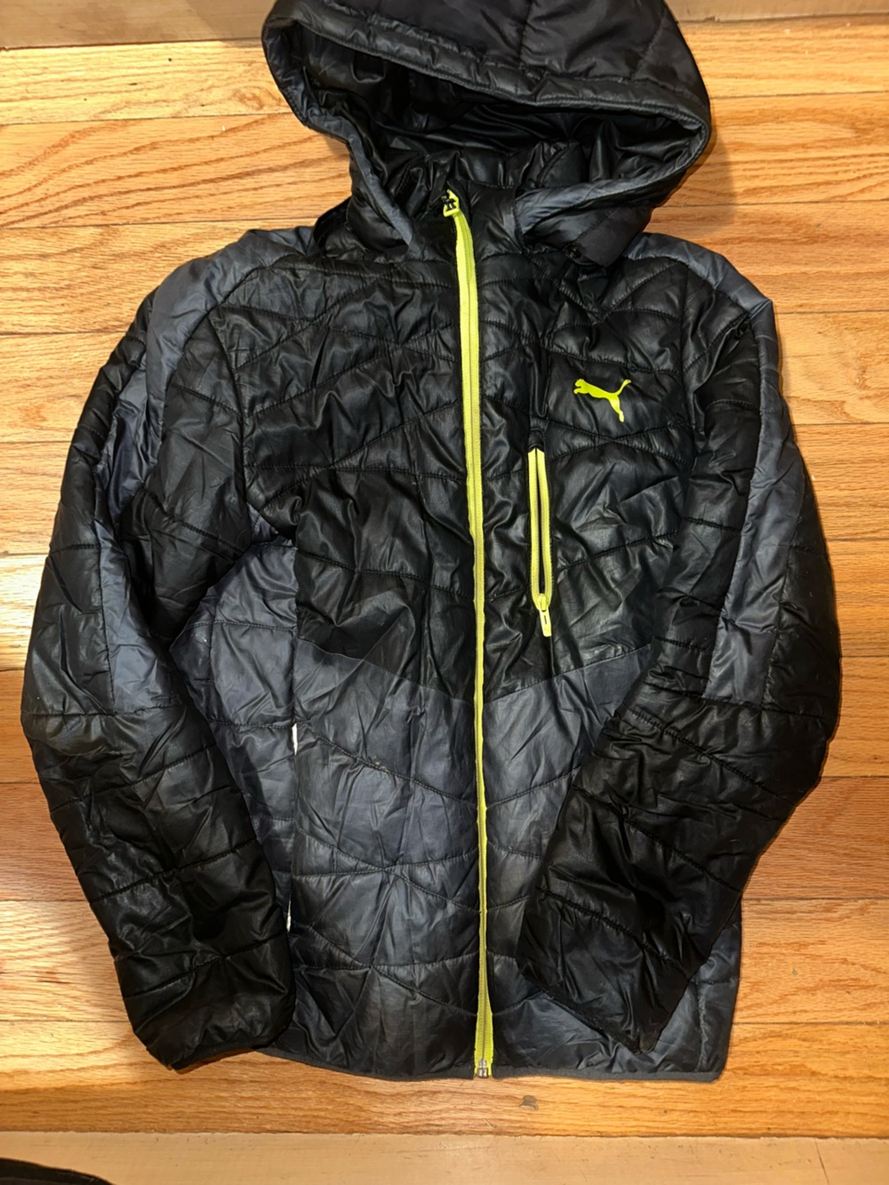 Puma Black Quilted Hooded Puffer with Neon Yellow Trim